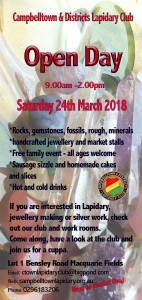 Flyer for the Campbelltown Lapidary Club Open Day March 24th Saturday 2018